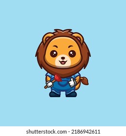 Lion Plumber Cute Creative Kawaii Cartoon Mascot Logo