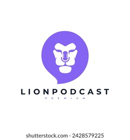 LION PODCAST MICROPHONE WILD LIFE LOGO VECTOR ICON ILLUSTRATION