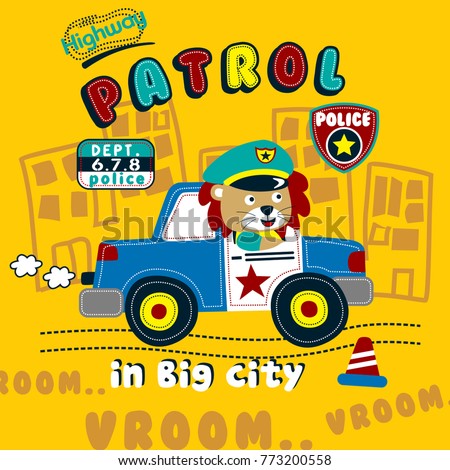 lion police on the patrol funny cartoon,vector illustration