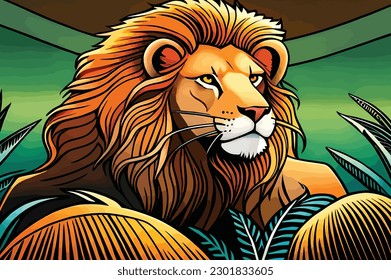 lion portrait is in the middle of the forest.Vector art animal