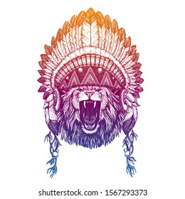 Lion. Portrait of vector animal wearing traditional indian headdress with feathers. Tribal style illustration for little children clothes. Image for kids tee fashion, posters.