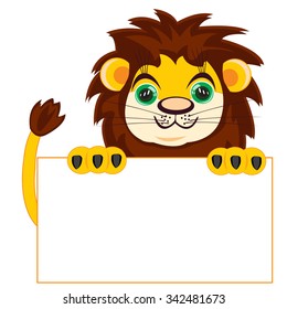 Lion with poster on white background insulated