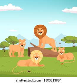 Lion pride landscape. Wild fur animal hunters background vector zoo concept