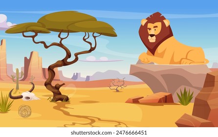 Lion pride wild animals king relax on rock african savannah cartoon background