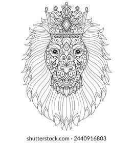 Lion prince and crown hand drawn for adult coloring book