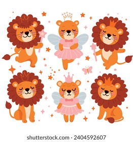  león vestido de princesa y corona. Ilustración vectorial al estilo de las caricaturas.conjunto de animales de caricatura divertidos