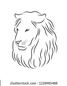 Lion proud, face in profile, looking into the distance, sketch, vector, black-and-white drawing. Logo design, lion concept vector template. Wildlife animal illustration, portrait monochrome background