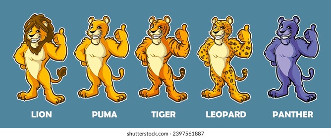 lion puma lioness tiger panther leopard cartoon mascot set