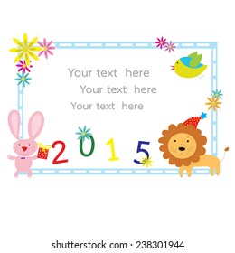 lion put party hat and rabbit holding gift with number 2015 happy new year 