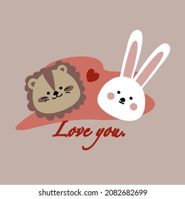 Lion and Rabbit. Love you.Vector collection of cute hand drawn animals.Character cartoon.Graphic design.Rabbit,Lion