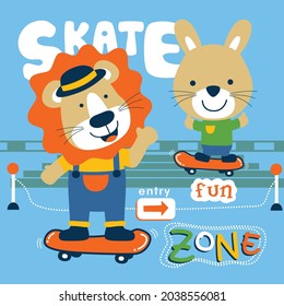 lion and rabbit play skateboard funny animal cartoon