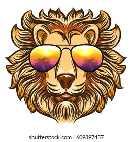 Lion in rainbow glasses in cartoon style. Hand drawn leo in sunglasses with palms design, vector illustration on white background