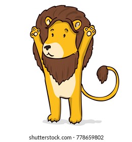 Lion raised his hands up. Hand drawn cartoon vector illustration.
