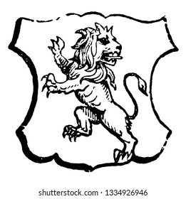 Lion Rampant Regardant is an animal looking towards the sinister side of the shield, vintage line drawing or engraving illustration.