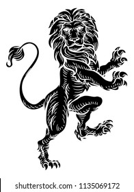 A lion rampant standing on its hind legs from a coat of arms or medieval heraldic crest