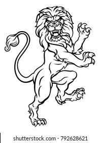 A lion rampant standing on hind legs from a coat of arms or heraldic crest