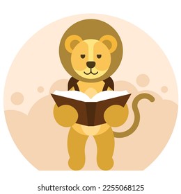 Lion reading a book. Lion schoolboy with a school backpack reads a textbook. Vector graphics