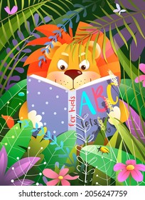 Lion Reading A Book Story Or Fairy Tale In Tropical Forest, Cute Baby Animal Studying In Jungle. Vector Lion Cub Fantasy Illustration For Children In Watercolor Style.