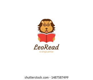 Lion reading logo design. A little lion reading a book. Cute lion smile with book, Education mascot logo character. Adorable animal illustration