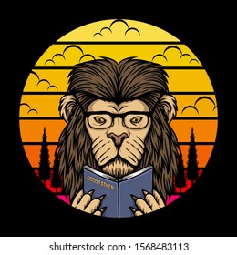 lion reading sunset retro vector illustration for your company or brand