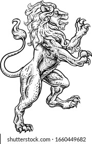 A lion rearing rampant on its hind legs in a coat of arms crest woodcut style 