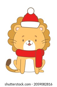 Lion in red cap isolated on white background