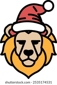 A lion with a red hat on his head. The hat is decorated with a white star and a red bow