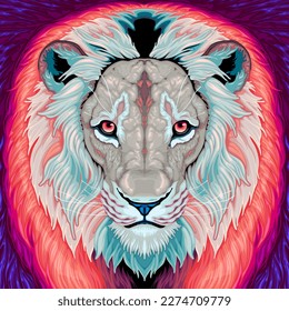 Lion with red mane and blue background.
Vector fantasy illustration.