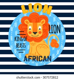 Lion red on blue and white striped background. African animals background