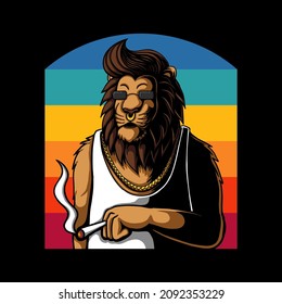 Lion relaxing while smoking retro vector illustration for your company or brand