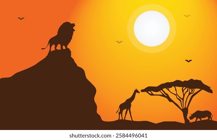 Lion, rhino, and giraffe silhouettes in savanna forest