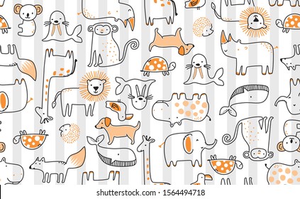 lion, rhinoceros, giraffe, hippopotamus, dog, koala, seal, seagull, turtle, hedgehog, fox, elephant, whale, monkey pattern,drawing