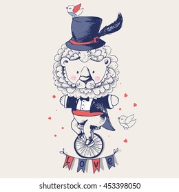 lion ridding on a bicycle/hand drawn vector illustration in vintage style/Lion gentleman/leo/can be used for kid's or baby's shirt design, fashion print design, fashion graphic, t-shirt, kids wear