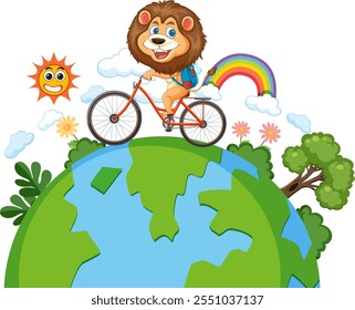 Lion rides a bike over a vibrant planet