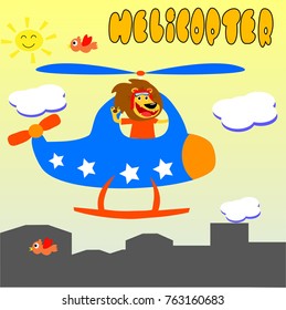 lion riding a helicopter. vector cartoon illustration