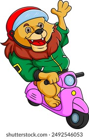 lion riding scooter bike and using helmet of illustration