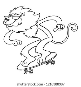 Lion riding a skateboard coloring book cartoon vector