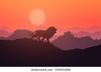 El león ruge en la hermosa ilustración portadora matutina de Silhouette.