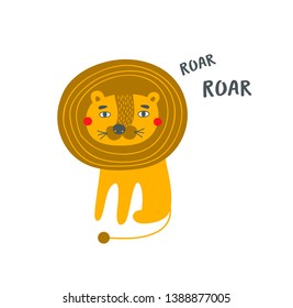 Lion roar poster kids room decor in modern scandinavian style. Vector illustration best for prints on textile, cards or toy design.
