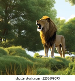 Lion roaring in green jungle illustration vector of wild animal with trees and sky in backdrop