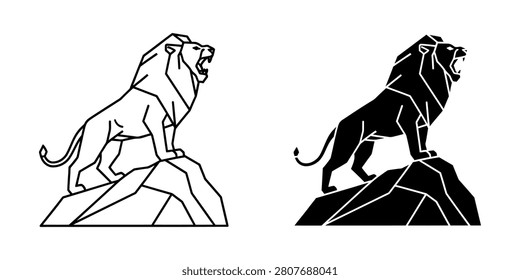 Lion roaring on rock vector illustration set with big cat standing wildlife silhouette illustration predator wilderness monochrome isolated