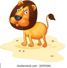 Lion roaring on a sandy area