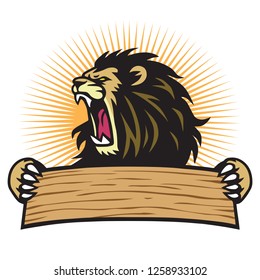 Lion Roaring Sport Mascot Logo Hold Blank Banner Vector Design Template