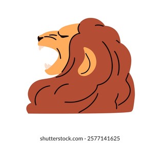 Lion roaring. Wild jungle beast with majestic mane. King animal with open mouth, teeth, profile. Leo zodiac sign, astrological symbol avatar. Flat vector illustration isolated on white background