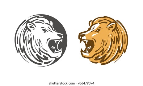 Lion roars logo or label. Animal, wildlife emblem. Vector illustration
