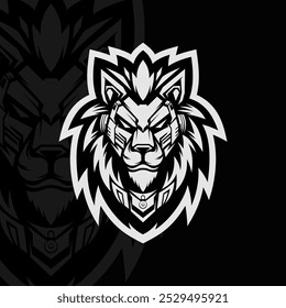 Lion robot mascot esport illustration logo design, black white