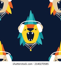 Lion rock star animal seamless pattern. Hand drawn colorful doodle cartoon character in rock accessories. Ideal for baby clothes, textiles, wallpaper, wrapping paper