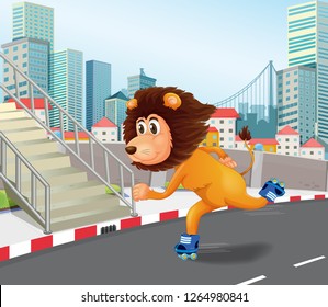 A lion roller skate in urban town illustration