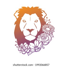 Lion Rose Flower and Vintage Animal King Design  Predator Floral frame ornament vector style  Decoration Design Wreath illustration 