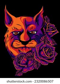 Lion and roses   leaves black background 